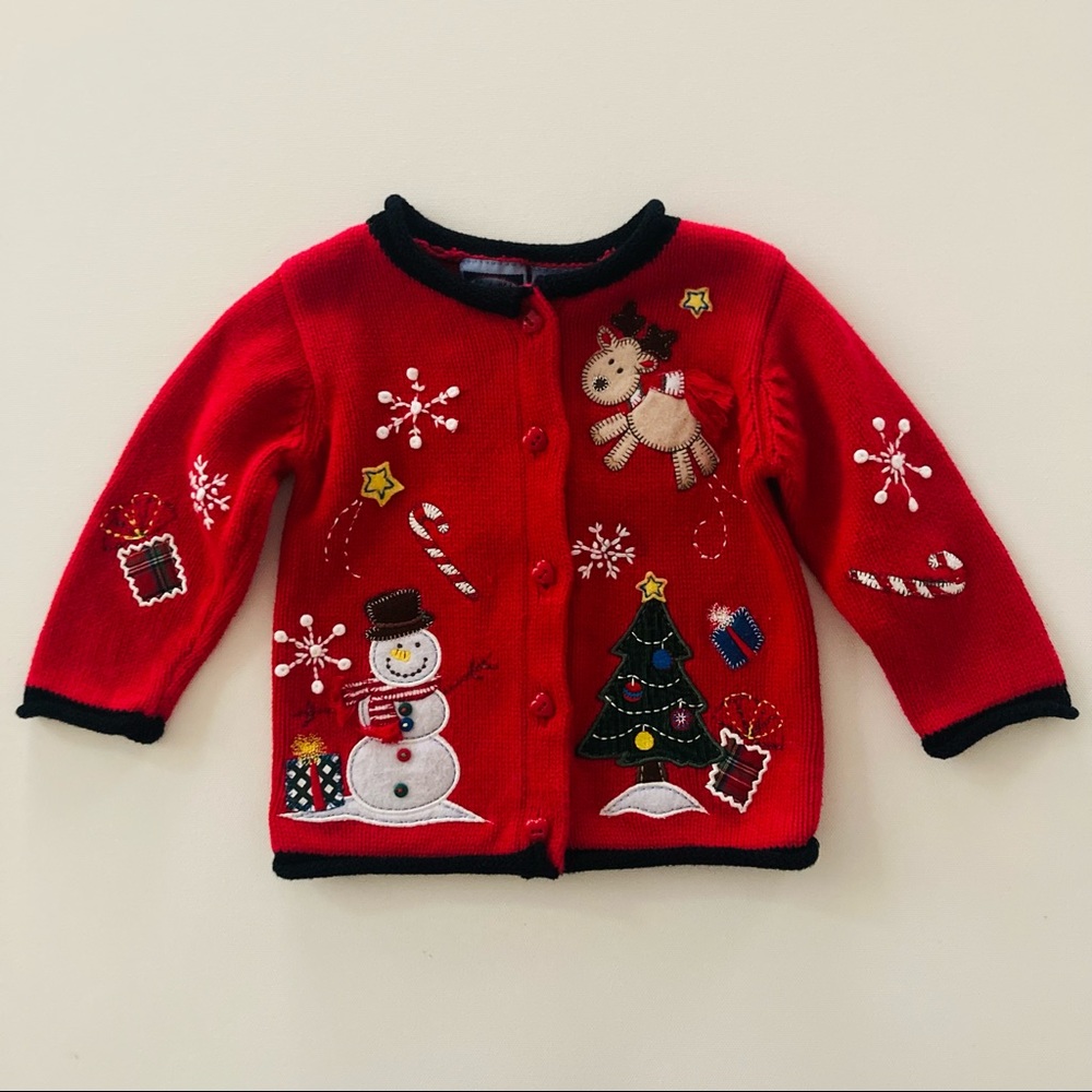 Baby Girl 12 Month Holiday Christmas Red Sweater Cardigan Snowman Snowflake Deer